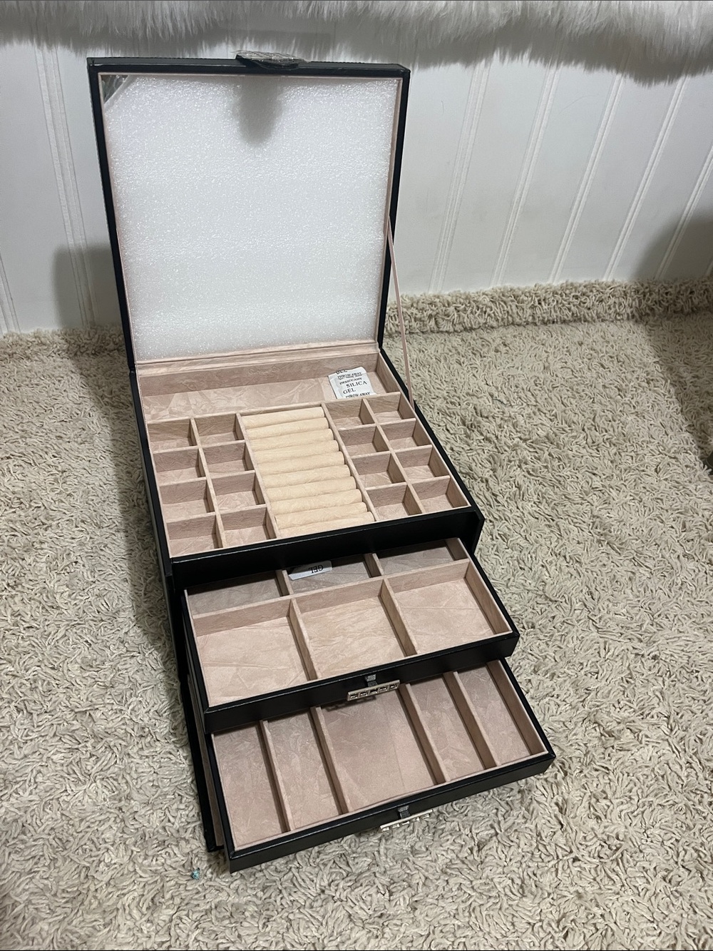 Black Jewelry Organizer Box with Beige Velvet Interior